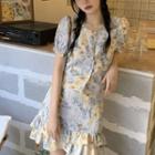 Short-sleeve Floral Print Button-up Top / Mini Skirt