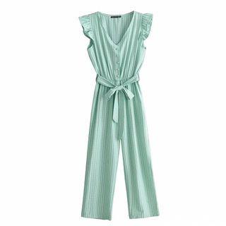 V-neck Buttoned Tie-waist Jumpers Pants