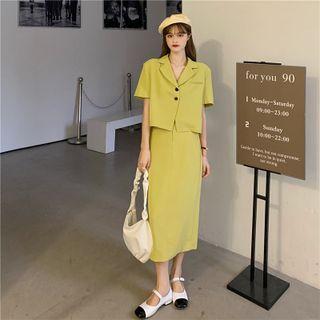 Set Of 2 : Short-sleeve Notch Lapel Top + High-waist Slit Skirt