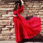 Elbow-sleeve V-neck Maxi A-line Dress