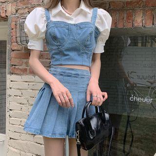 Puff-sleeve Shirt / Denim Camisole Top / Pleated Mini A-line Skirt