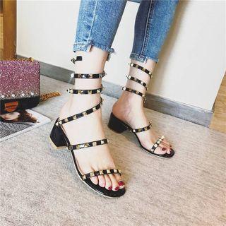 Wrap Around Studded Block Heel Sandals