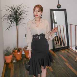 Set: Smocked Cuff Chiffon Shirt + Belted Asymmetric Mermaid Skirt