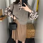 Plaid Shirt / V-neck Knit Vest / Midi Pleated Skirt
