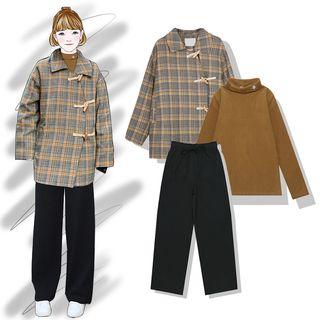 Mock Neck Long-sleeve Top / Plaid Toggle Coat / Straight-cut Pants