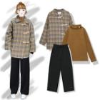 Mock Neck Long-sleeve Top / Plaid Toggle Coat / Straight-cut Pants