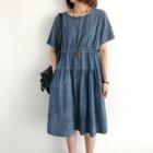 Denim Drawstring Midi A-line Dress Blue - One Size