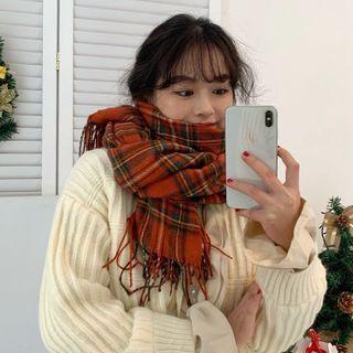 Plaid Fringed Scarf Tangerine - One Size