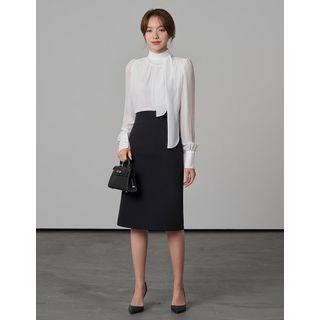 Scarf-neck Wide-cuff Chiffon Blouse