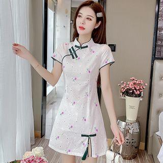 Short-sleeve Floral Print Tasseled Mini A-line Qipao Dress