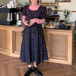 Long-sleeve Mock-neck T-shirt / Short-sleeve Flower Print Midi A-line Dress