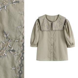 Sequined Collar Short Sleeve Shirt