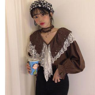 Ruffle-trim Lace Panel Shirt