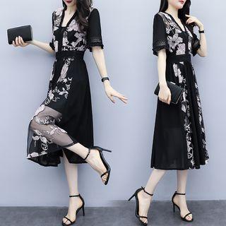 Flower Short-sleeve A-line Midi Chiffon Dress