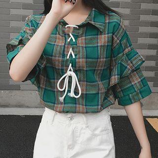 Lace-up Plaid Elbow-sleeve Shirt