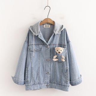 Detachable Hood Bear Accent Denim Jacket Blue - One Size