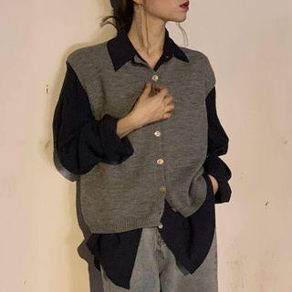 Button Knit Vest / Long-sleeve Shirt