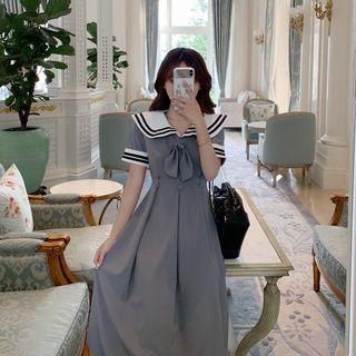 Sailor Collared Short-sleeve Midi A-line Dress