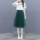 Lettering Short-sleeve T-shirt / Striped Midi A-line Skirt