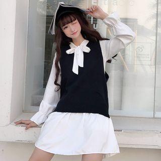 V-neck Knit Vest / Bow Accent Long-sleeve A-line Dress