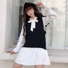 V-neck Knit Vest / Bow Accent Long-sleeve A-line Dress