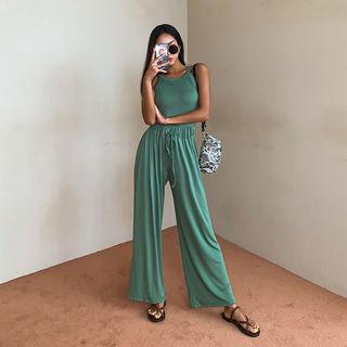 Set: Halter-neck Cropped Top + Band-waist Wide-leg Pants