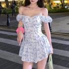 Short-sleeve Off-shoulder Floral Mini Corset Dress