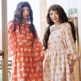 Puff-sleeve Cat Print Frill Trim A-line Dress