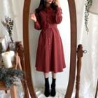 Corduroy A-line Shirt Dress Wine Red - One Size