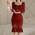 Lace Ruffle Hem 3/4-sleeve Sheath Dress