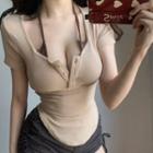 Short Sleeve Halter Henley T-shirt Khaki - One Size