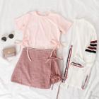 Short-sleeve Lettering Tie Waist T-shirt / Drawstring Plaid Skirt