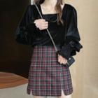 Puff-sleeve Velvet Blouse / Plaid A-line Skirt / Puff-sleeve Midi A-line Dress