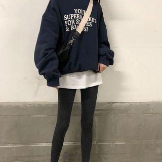 Lettering Print Fleece-lining Pullover / Inset Skirt Leggings