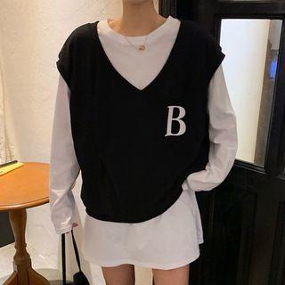 Plain Long-sleeve T-shirt / Applique Vest