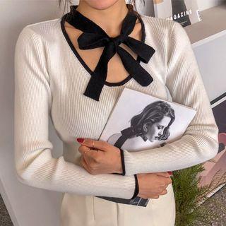 Tie-neck Ringer Rib-knit Top