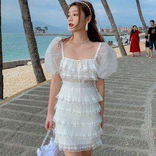 Puff-sleeve Tiered Mini Sheath Mesh Dress