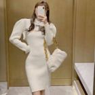Set: Puff-sleeve Shrug + Knit Dress