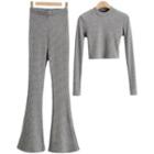 Set: Long-sleeve Mock-neck Plain Cropped Top + Boot-cut Slim-fit Pants