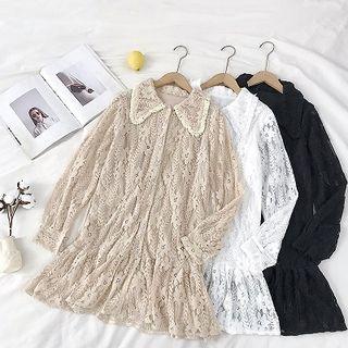 Plain Single-breasted Peter-pan Collar Cut Out Lace Dress