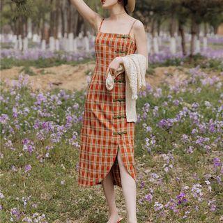 Set: Spaghetti Strap Plaid Frog-buttoned Sheath Dress + Cropped Cardigan