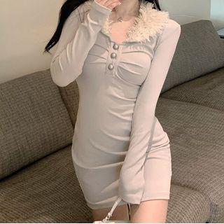 Long-sleeve Fluffy Collar Mini Bodycon Dress