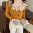 Double-breasted Lace Trim Long-sleeve Cardigan