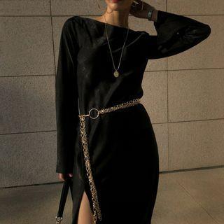 Side-slit Long-sleeve Midi Shift Dress