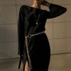 Side-slit Long-sleeve Midi Shift Dress