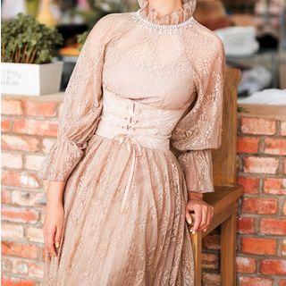 Long-sleeve Frill Trim Lace Overlay A-line Corset Waist Maxi Dress