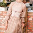 Long-sleeve Frill Trim Lace Overlay A-line Corset Waist Maxi Dress