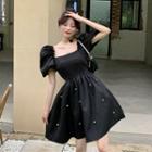 Faux Pearl Puff-sleeve Square-neck Mini A-line Dress