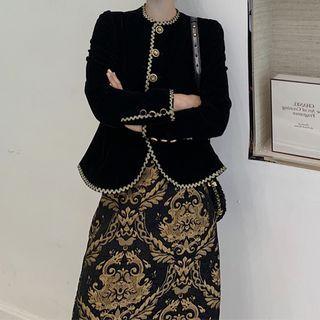 Embroidered Trim Buttoned Jacket / Printed Midi A-line Skirt