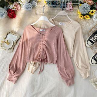 V-neck Ribbed Drawstring Crop Top